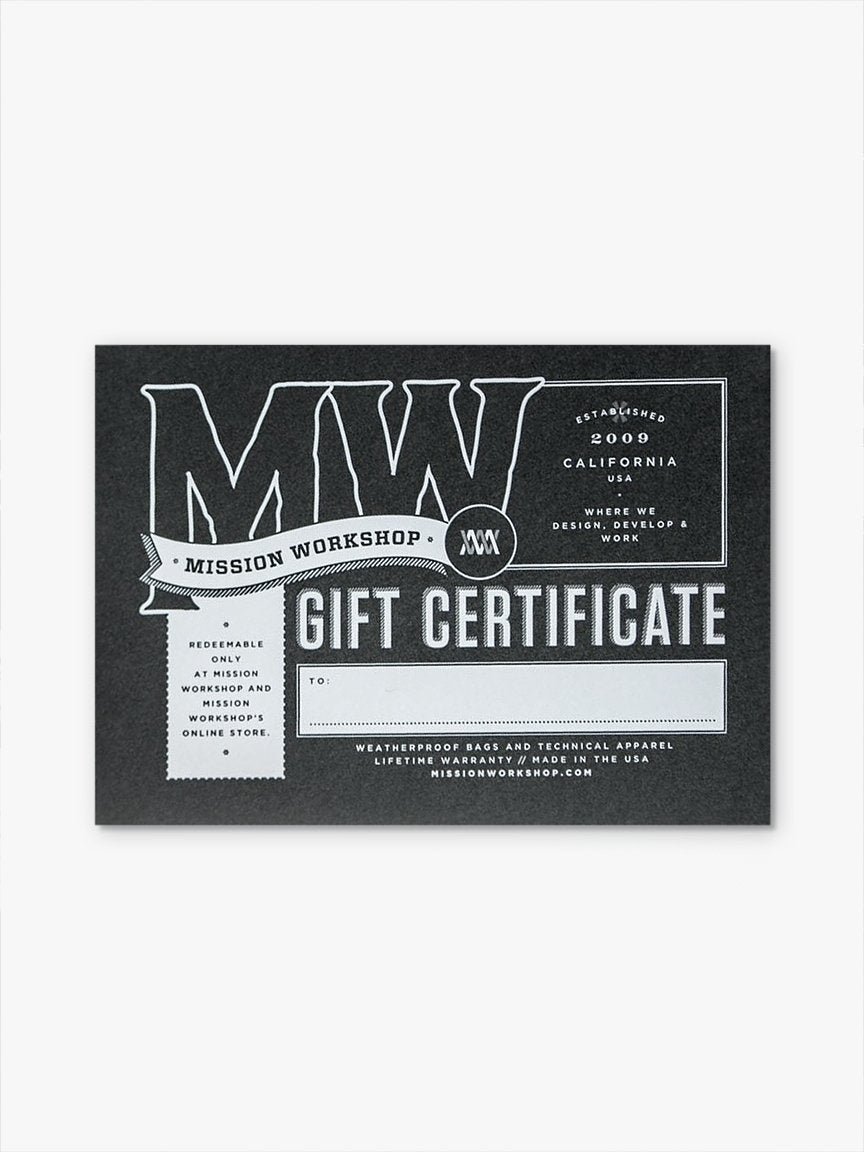 Digital Gift Cards by Mission Workshop - Bolsas resistentes a la intemperie y ropa técnica - San Francisco y Los Ángeles - Construidas para durar - Garantizadas para siempre